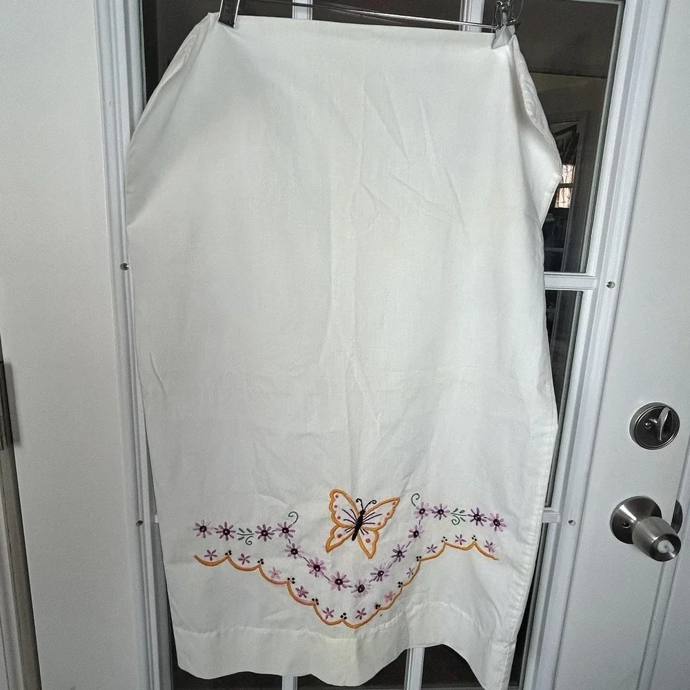 Vintage Hand Embroidered Pillowcase Butterfly Flowers Country Cottage